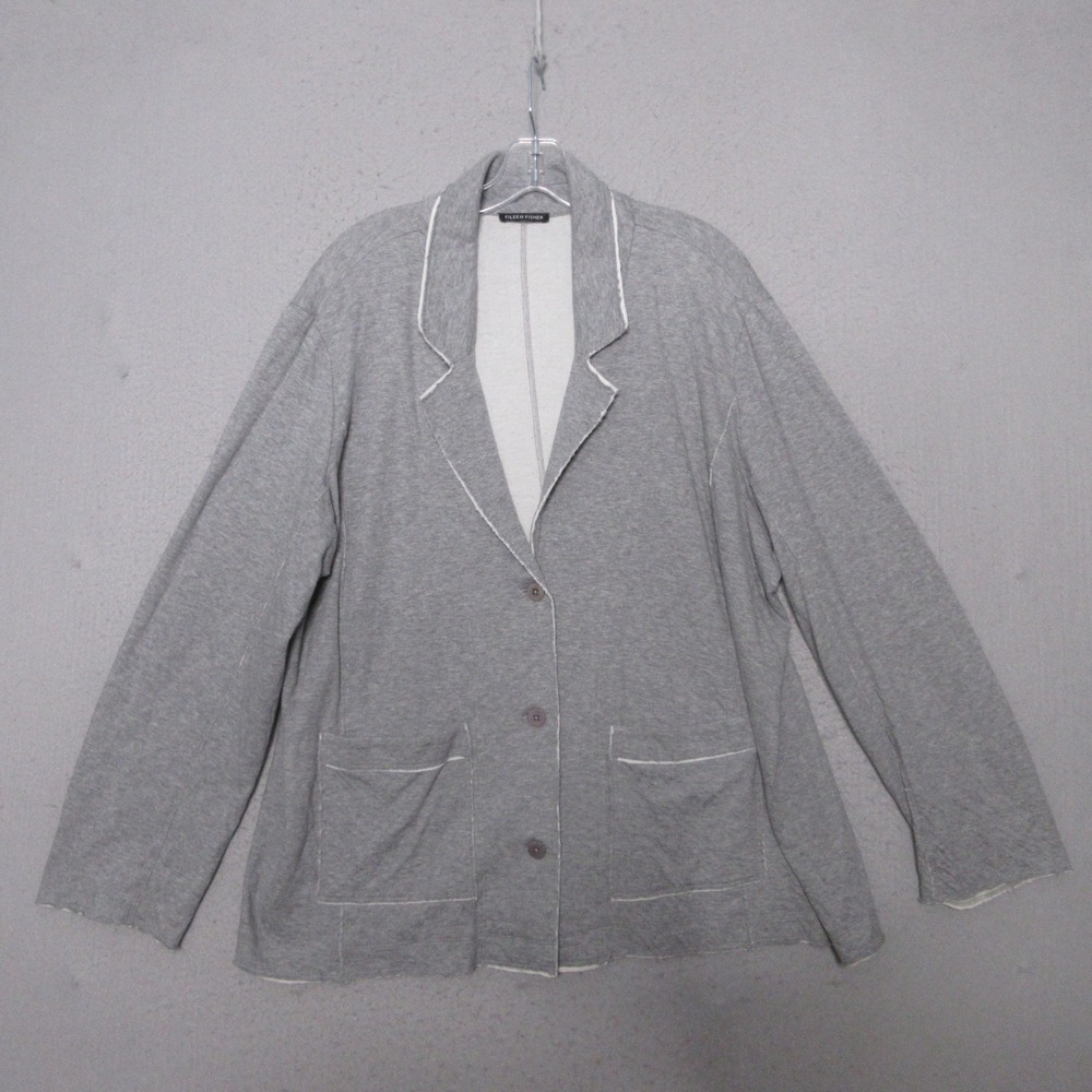 Eileen Fisher Blazer  Gray Organic Cotton Knit Raw Edge Unstructured Minimalist